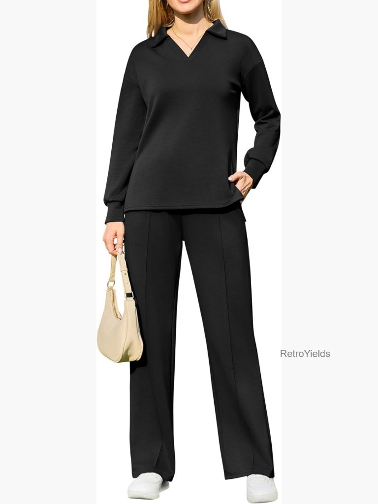 Womens 2 Piece Lounge Set Wide Leg Pockets Drawstring